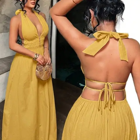 Women's Plain Deep V Neck Pleated Sexy Dress, Elegant Loose-Fitting Summer Dress, Unlined Fashionable Clothing for Women
