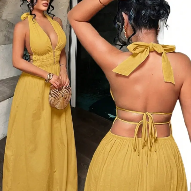 Women's Plain Deep V Neck Pleated Sexy Dress, Elegant Loose-Fitting Summer Dress, Unlined Fashionable Clothing for Women