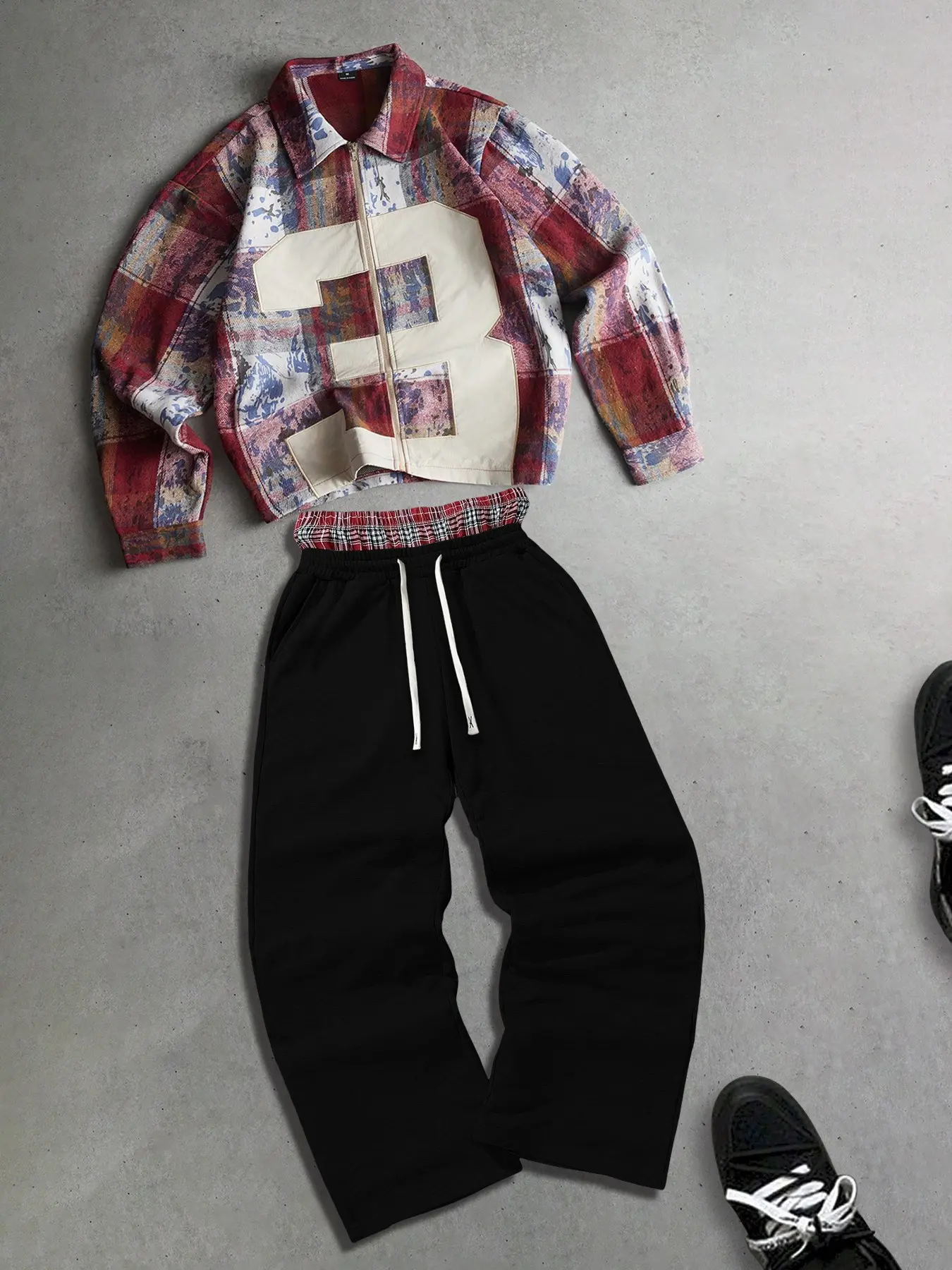 Men's Zipper Long Sleeve Shirt + Sport Pants Set, Vintage Plaid Patchwork Short Sleeve Shirt with Large Number 3 Pattern, Streetwear Two-Piece Set