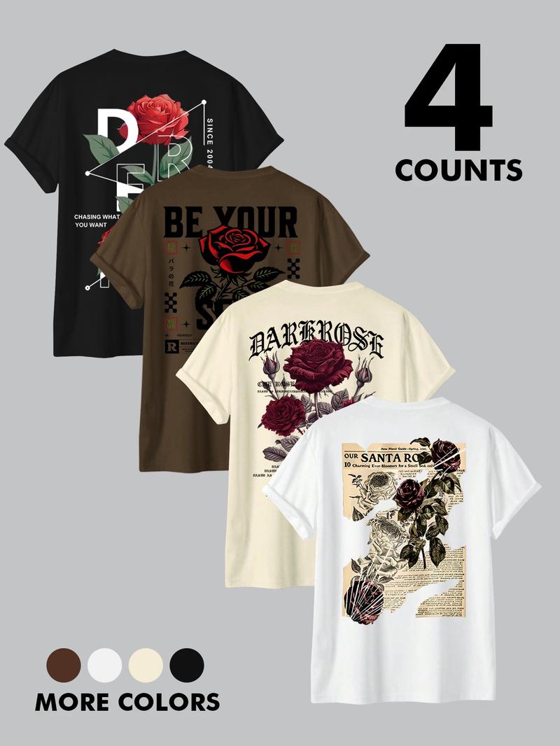 Men's Rose & Letter Print Short Sleeve Graphic Tee, Regular Fit Casual Round Neck T-shirt for Summer, Men's Top for Daily Wear