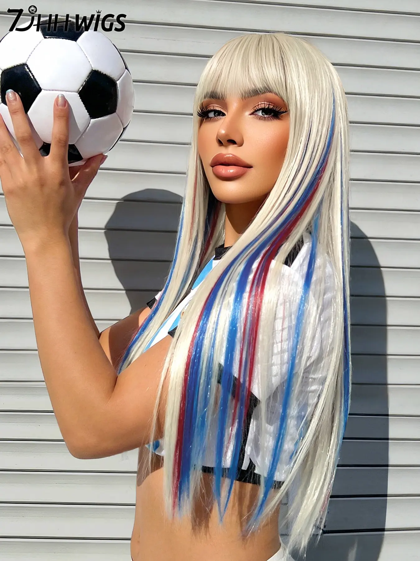 White Red Blue Wigs for Women 26 Inch Long Straight Wig with Bangs Synthetic Heat Resistant Wig for Party Fan Zone Support