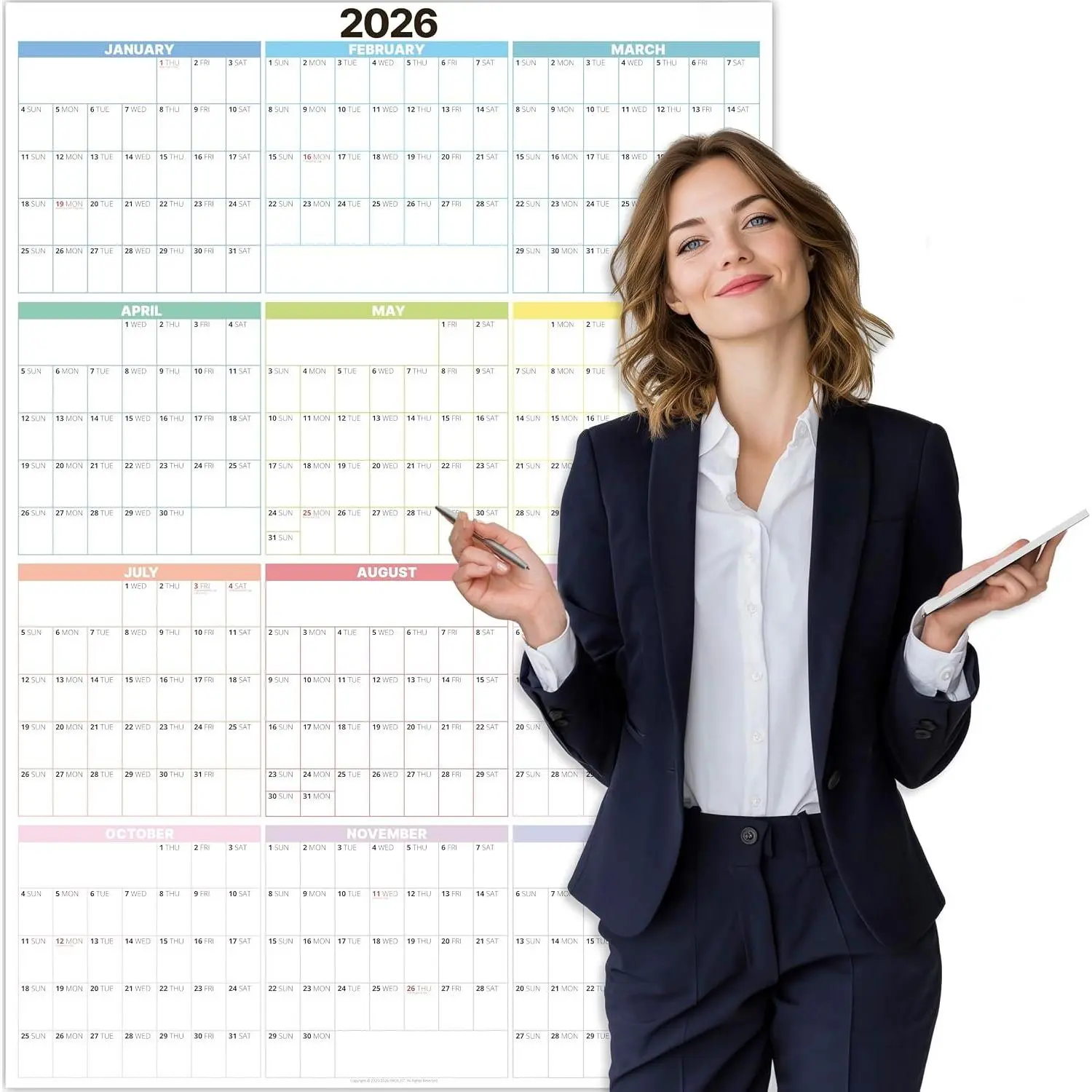 ® 2026 Wall Calendar -  33.1" x 23.4" Vertical Yearly Planner - Sunday Start - 4-Block Quarterly View -  160 GSM Heavyweight Paper - Plastic-Free &  - Office & Academic Organization