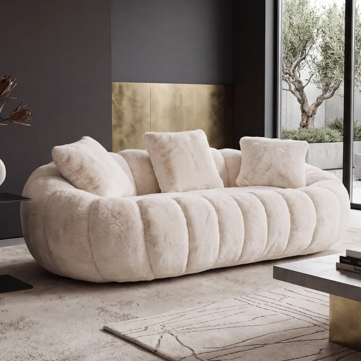 Floral-shaped sofa, ultra-soft faux fur sofa, large living room two-seater sofa, Beige, two-person style