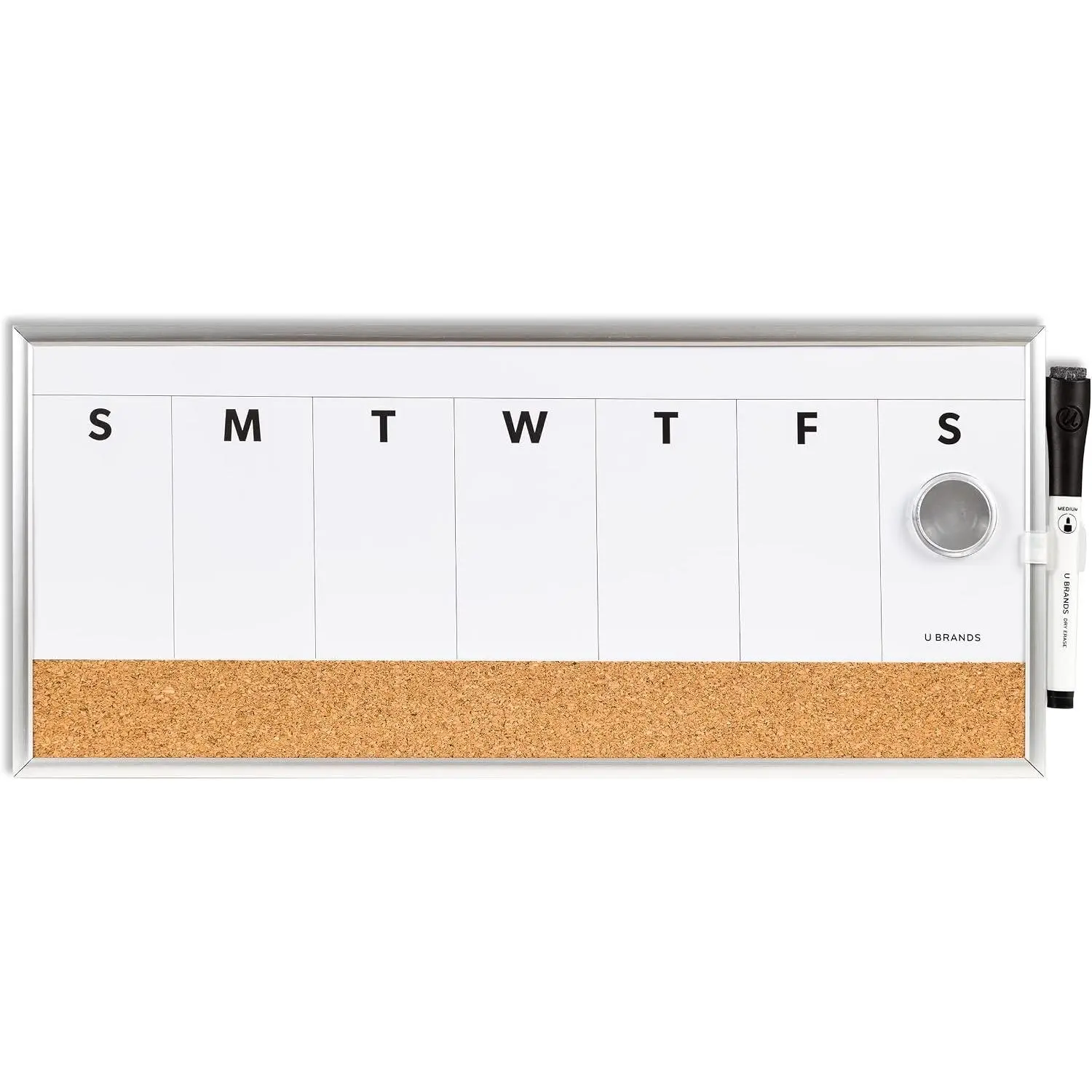 Weekly Calendar Whiteboard for Wall, Magnetic Dry Erase Board | Pin notes to the cork strip below the week grid. Silver aluminum frame, 16.7 x 7 in, marker and magnet included.