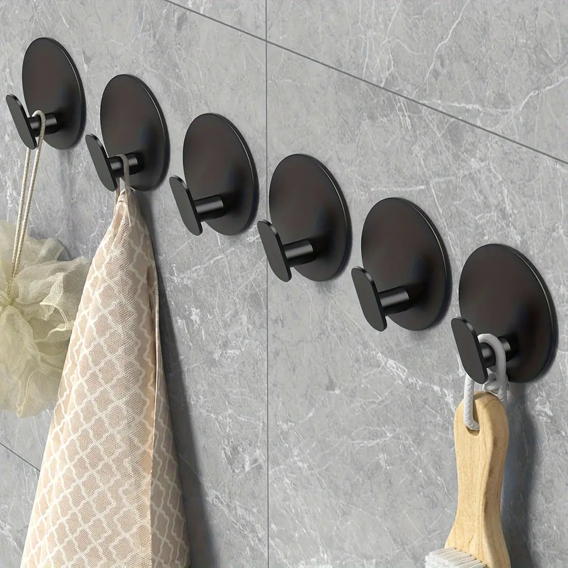 Modern Black Wall Hooks - Easy Install Adhesive Towel Hangers for Bathroom, Kitchen - Durable Robe, Clothes, Hat & Key Holders Bath/Bath Accessories
