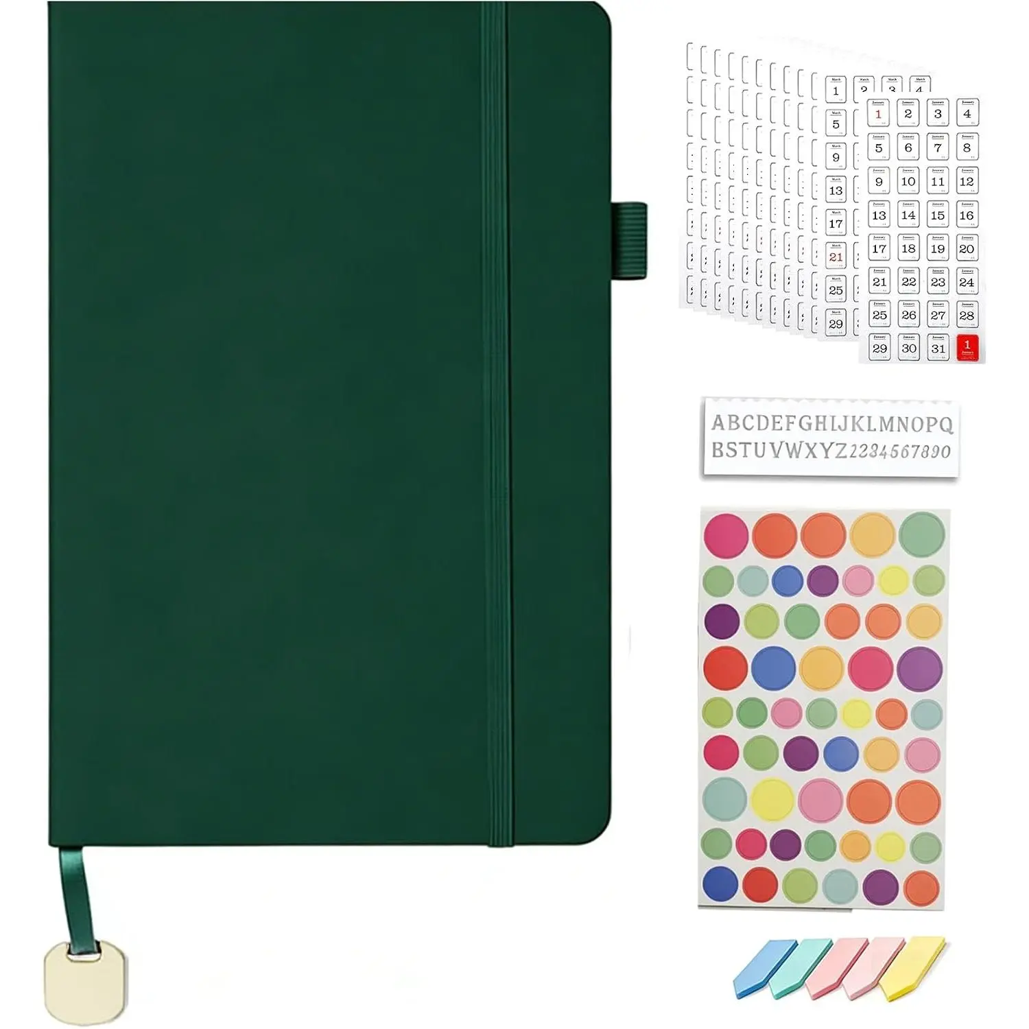 A5 Dotted Journal Starter Kit with Stencils and Stickers, Hardcover Dot Grid Notebook with 120 GSM Paper, Index Tabs and Date Stickers for Journaling, Study and Work,Dark Blue