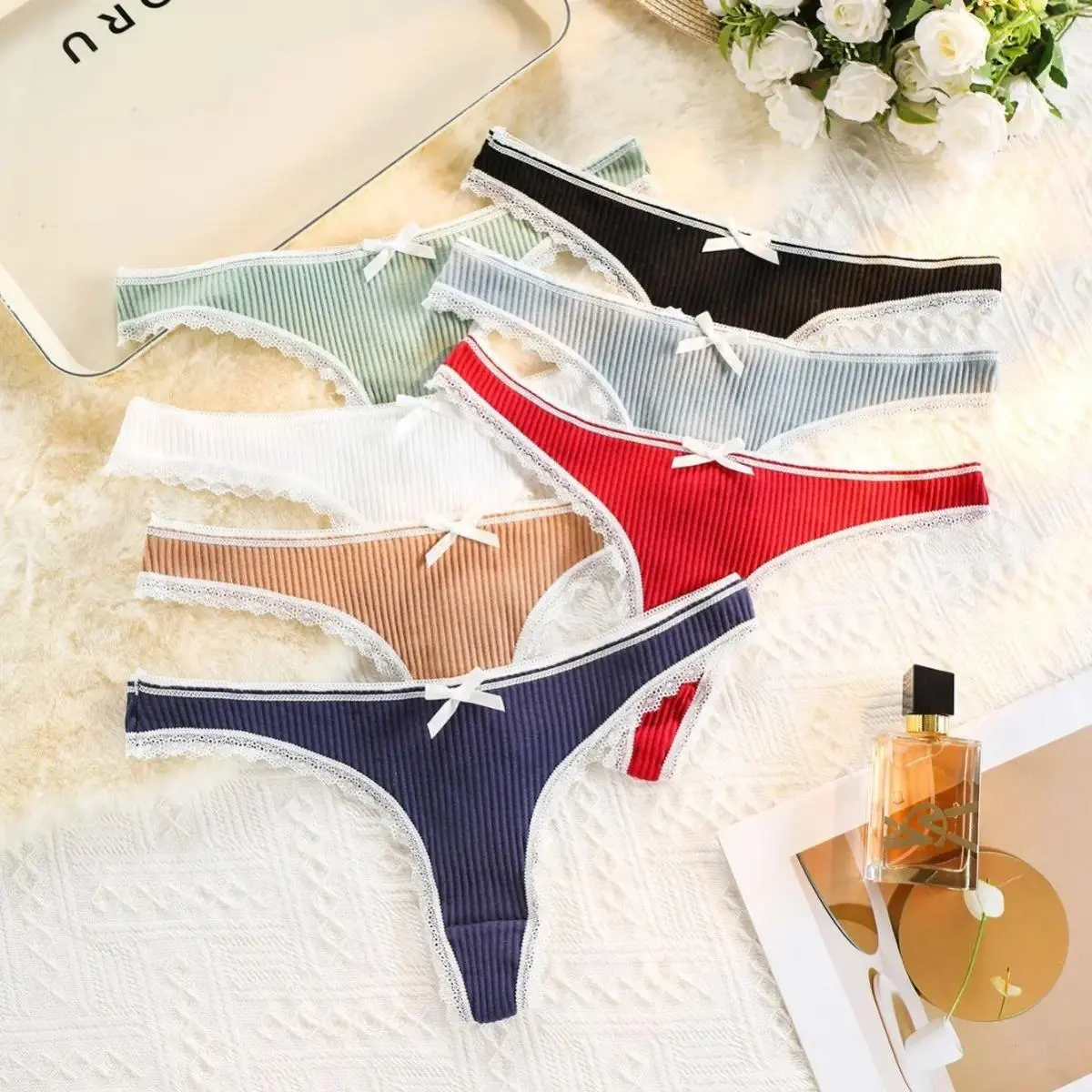 Women's Ribbed Cotton Thongs 7pcs Pack, Casual G-String Underwear with Lace Trim, Sporty Elastic Knickers for Adult Gym, Daily Wear, Seamless, Short, Pack For Daily Wear & Gym