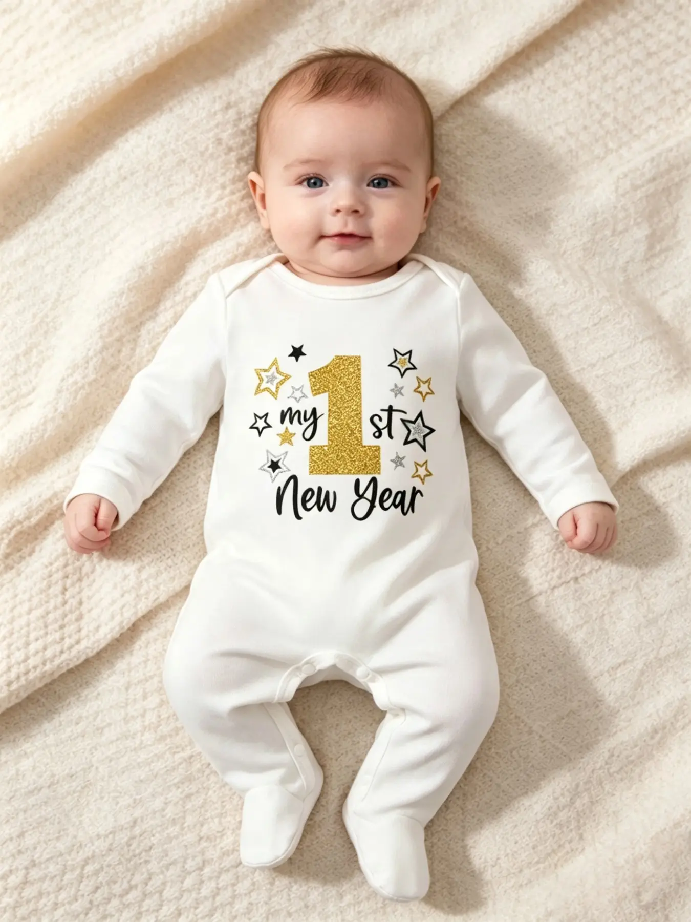 Adorable Baby First New Year, Cartoon Print Jumpsuit, Long Sleeve Envelope Neck, Below Knee, Unisex Infant Crawling Suit