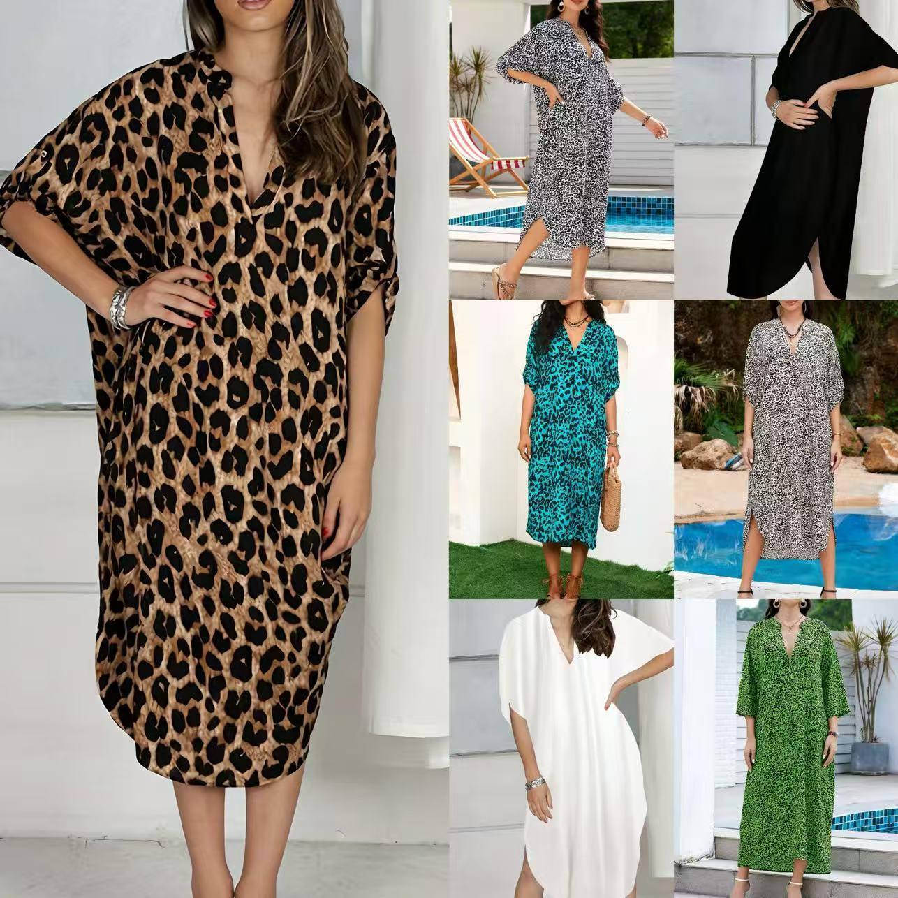 Women's swimsuit cover-up, stand-up collar leopard print robe, beach vacation long dress, loose bikini swimsuit cover-up for women
