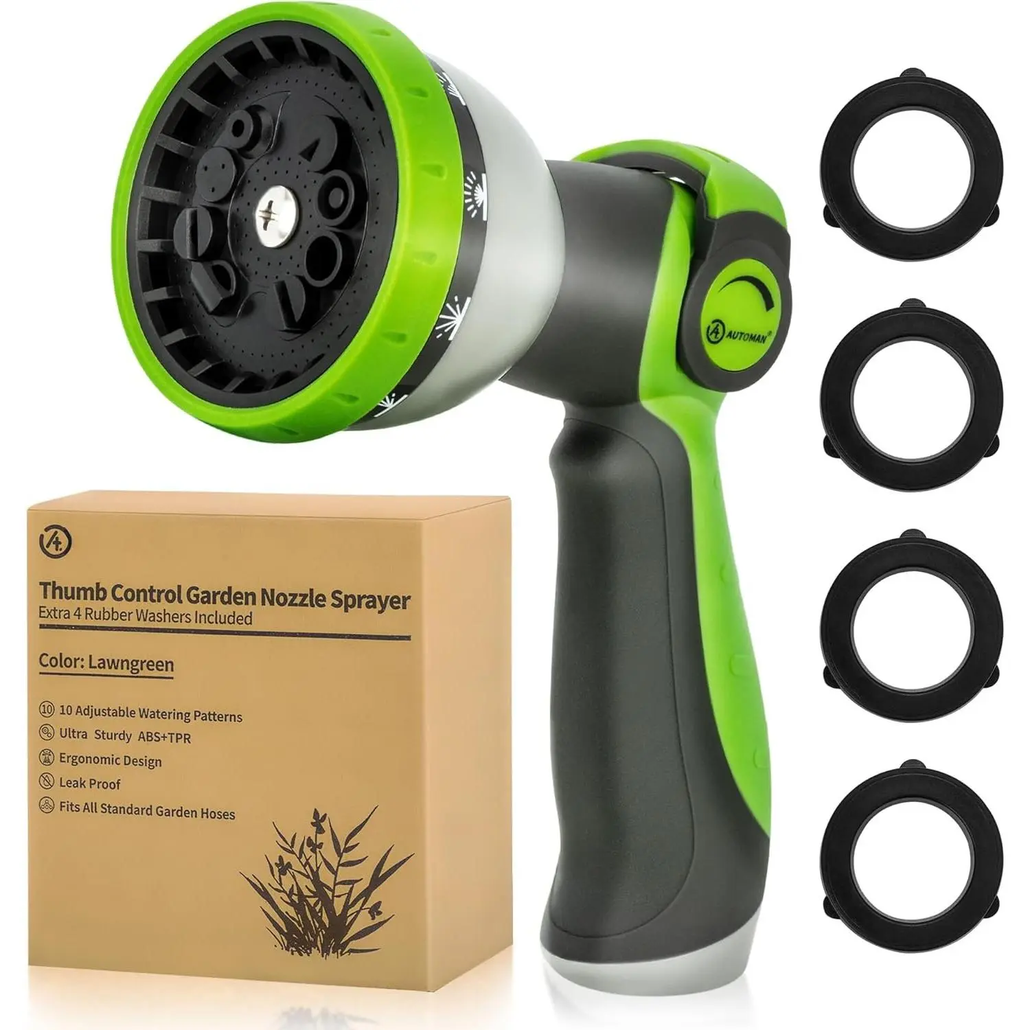 Garden Hose Nozzle Sprayer - 10  Patterns, Thumb Control  Off Valve, Durable Water Nozzle, Extra 4 Washers, for Watering Garden, Cleaning, Washing , Showering Pets Lawngreen