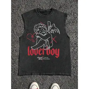Men's Casual Crew Neck Sleeveless Washed Vest, Made Of 100% Cotton, Perfect For Summer Vacations. Features A Stylish Print And Y2K Street Style. An Excellent Gift For Boyfriends And Husbands.