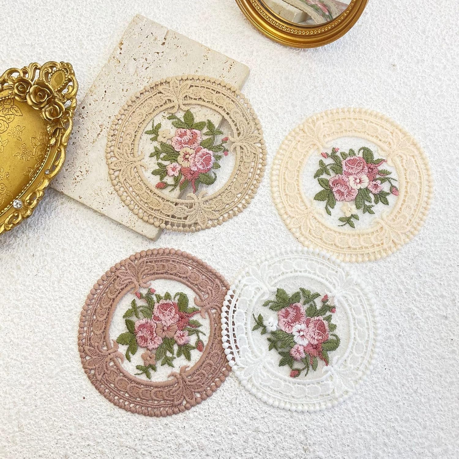 4.5" Embroidered Fabric Coasters, 8 count for Ceramic Cup,  Lace Embroidery for , Soft Floral Doilies for , Wedding, Tabletop Photography Decoration (Beige)