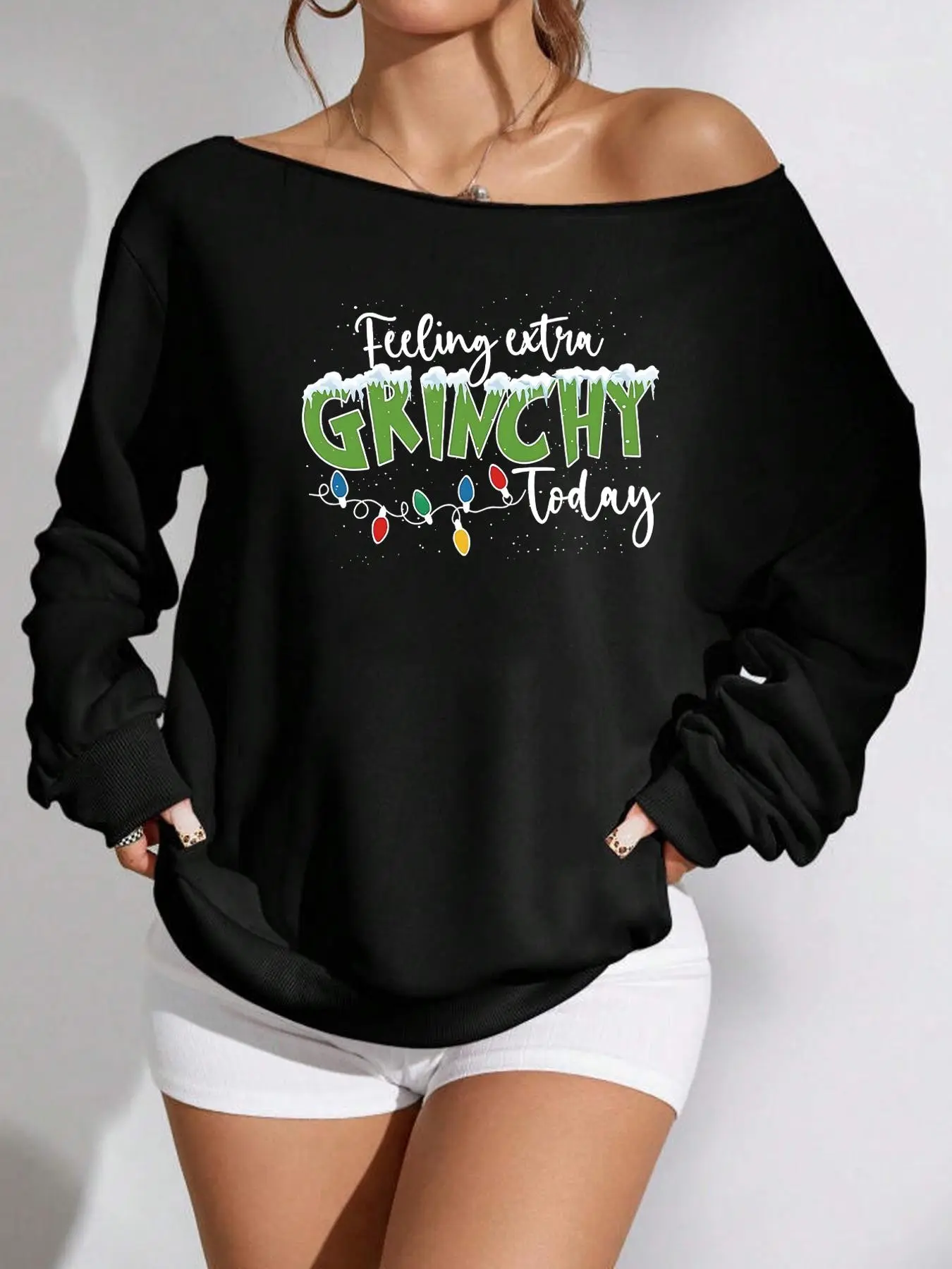 Women's Asymmetrical Shoulder Grinchy Letter Print Sweatshirt, Long Sleeve Loose Fit, Casual Daily Wear, Graduation Season Essential