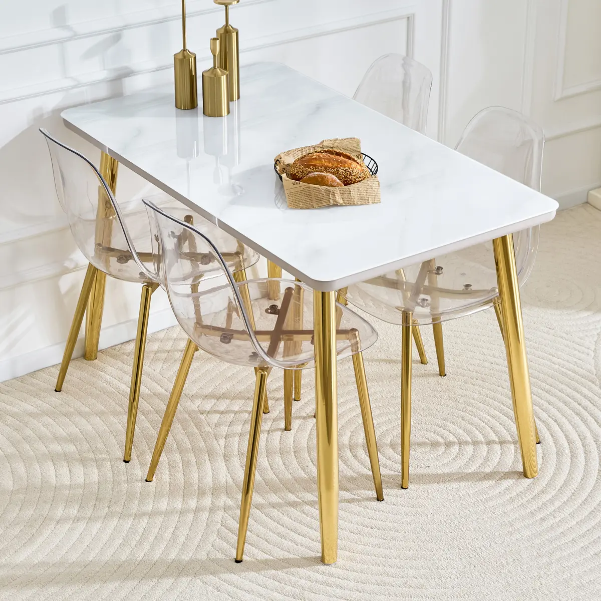 Aobtkel Contemporary Sturdy Indoor 4-Seat Table & Chair Set, White Marble Look Glass Top, Lower MDF Board, Gold Tapered Metal Legs, Silent Transparent Plastic Chairs (250 lbs Capacity, 47.3x27.5x29.5 in, Restaurant-Ready), 4 Seats, Combo Kit Dining Room F