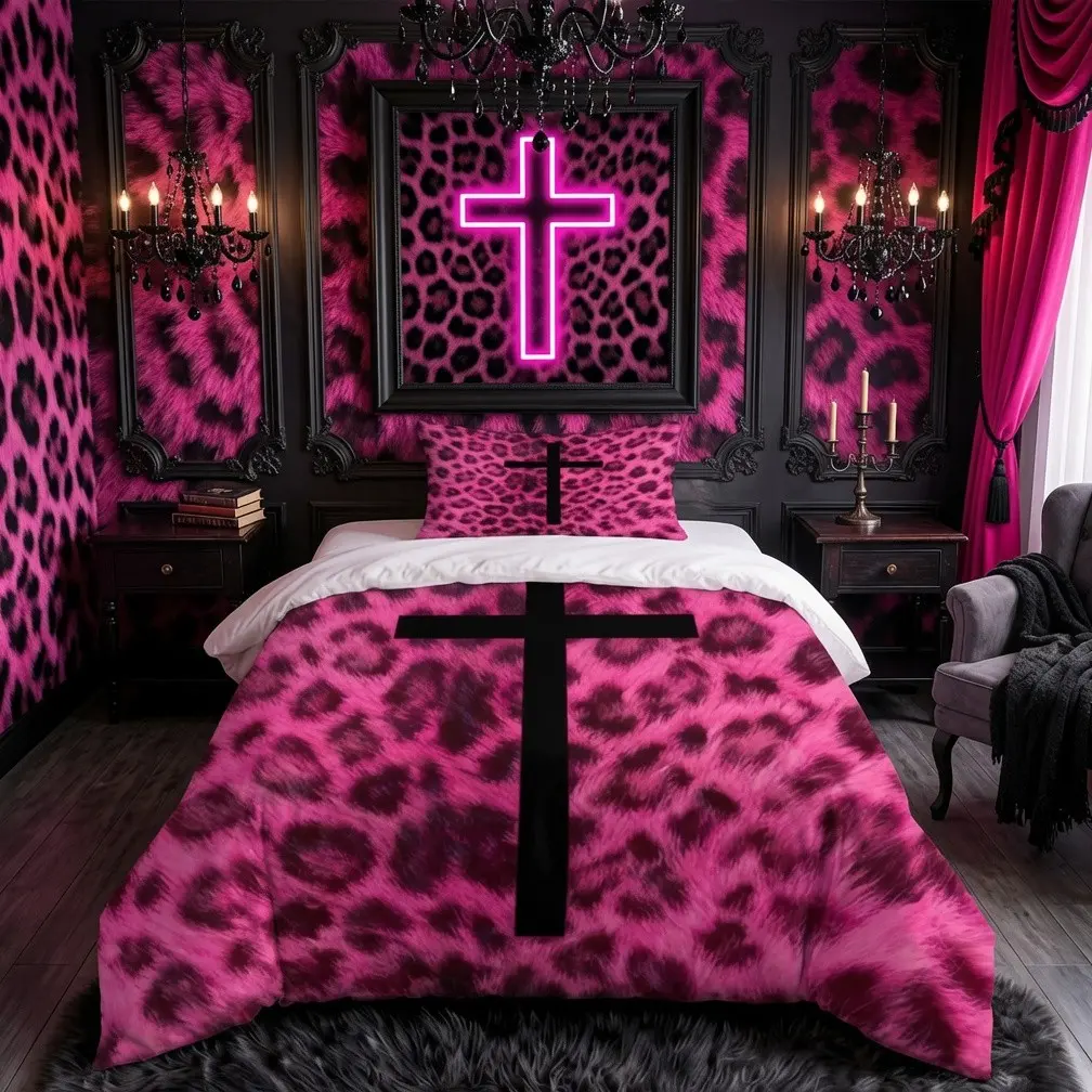2/3PCS Y2K Goth Grunge Hot Pink Leopard Black Cross Decorative Duvet Cover Set Bed Covers, Single Side Digital Print Bedding, No Comforter & Pillow Insert, Home Decor for Gothic & Y2K Bedroom, Ideal Gift for Teen Girls, Comfy Bed Sets