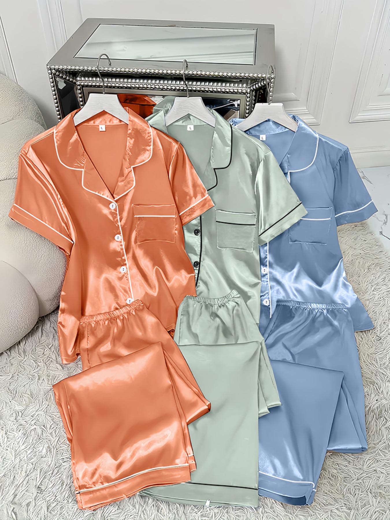 Women's Contrast Binding Lapel Shirt & Elastic Waist Pants Satin Pyjama Set, Casual Comfy Short Sleeve Pocket Button Up Top & Elastic Waist Long Trousers PJ Set, Ladies Sleepwear for All Seasons, Pajama Set
