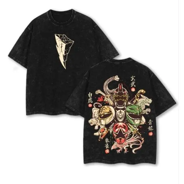 Menswear Retro Washed Black Oversized Short-Sleeve Round Neck T-Shirt - Cracked Lightning Front Logo, Oriental Myth Beast Warrior Helmets Back Graphic Print, Casual Streetwear Top for Men, Shortsleeve, Tshirt