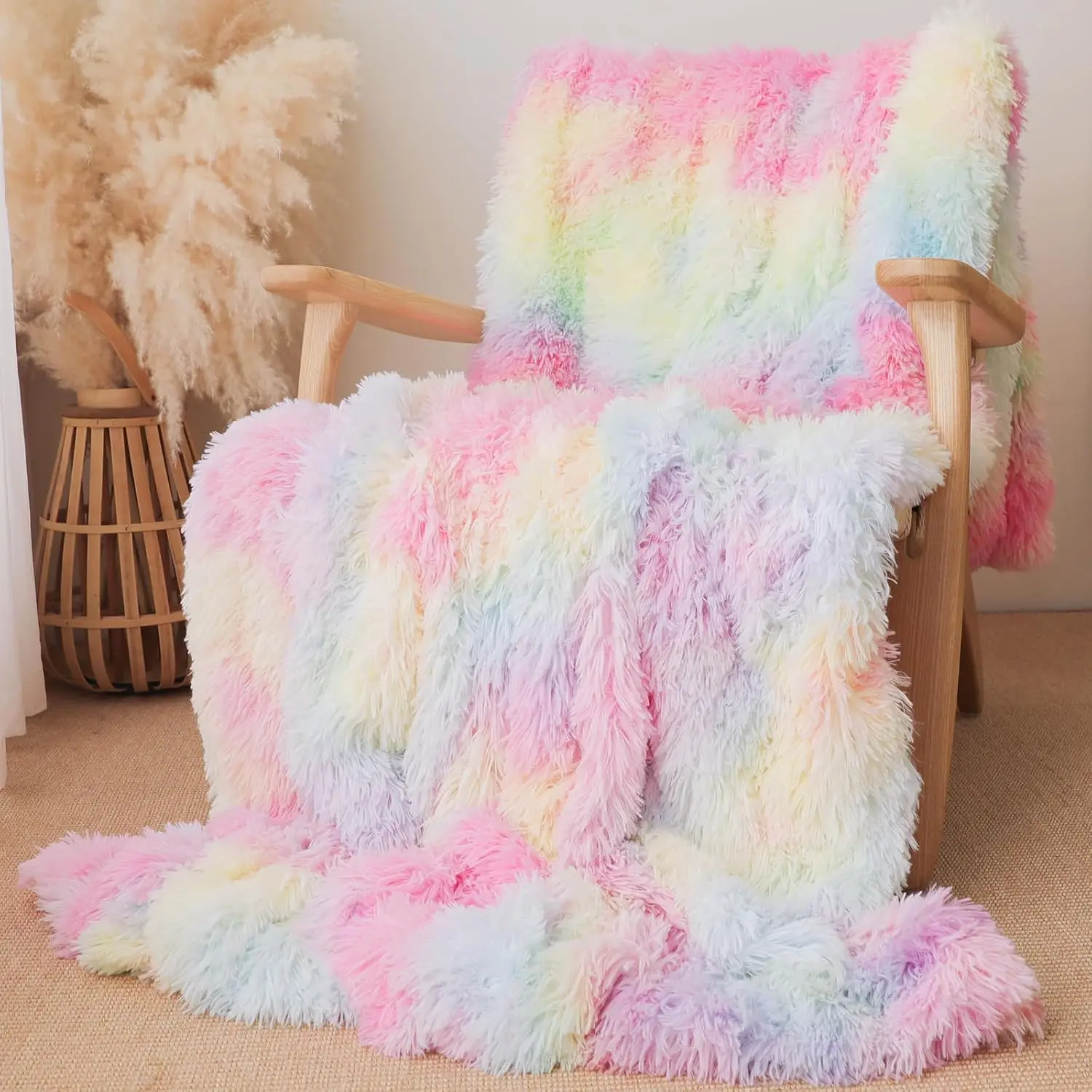 Extra Soft Faux  Throw Blanket 50"x60" - Reversible  Shaggy Double Layer Plush for Couch Sofa Bed, Solid Fuzzy Long Hair Microfiber Comfy Decorative Cozy, Tie Dye