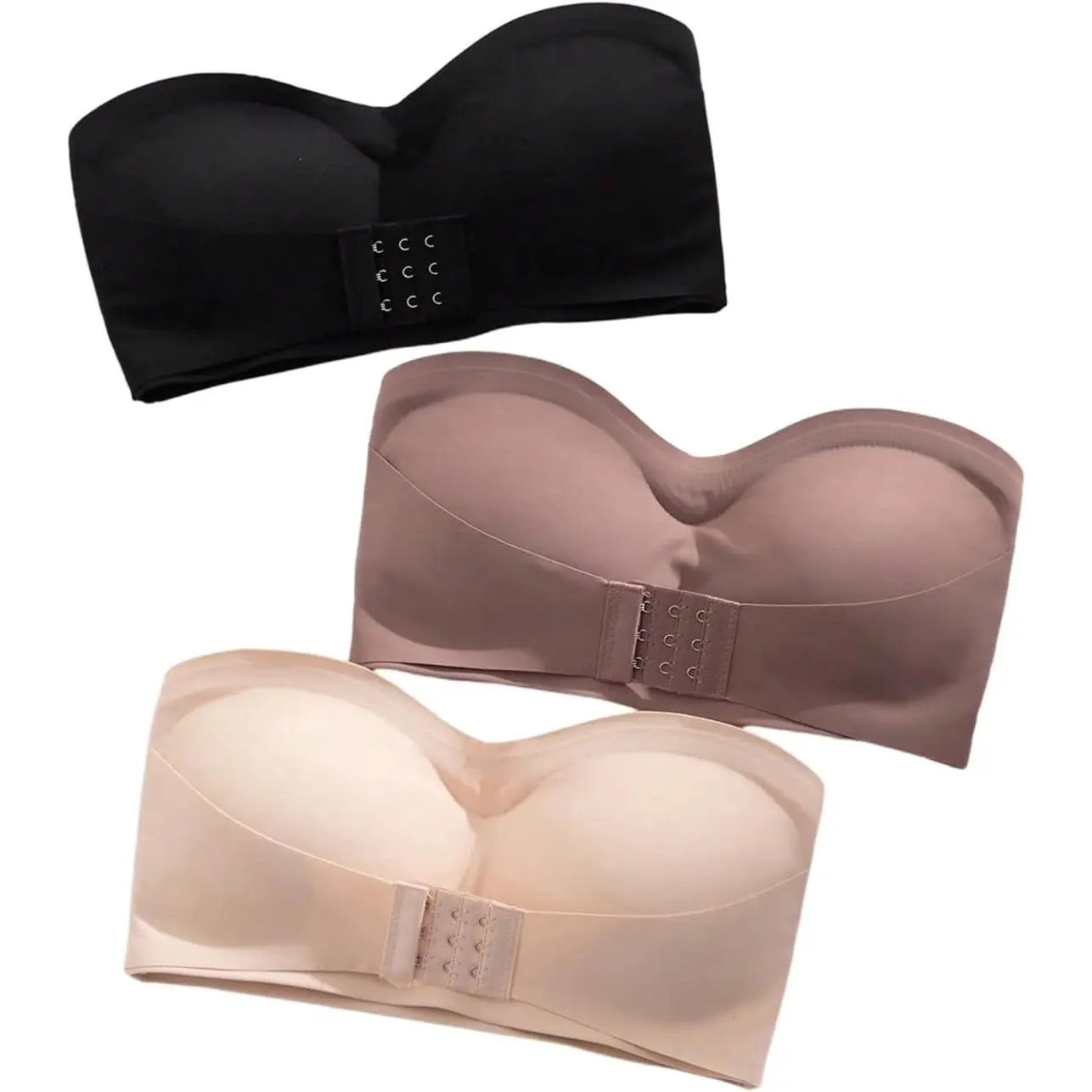 Women's 3-Pack Front Closure Strapless Bandeau Bras - Wireless Push Up, Halter Neck, Backless, Comfortable Fabric, Padded, Perfect Fit Bralettes, Outfits