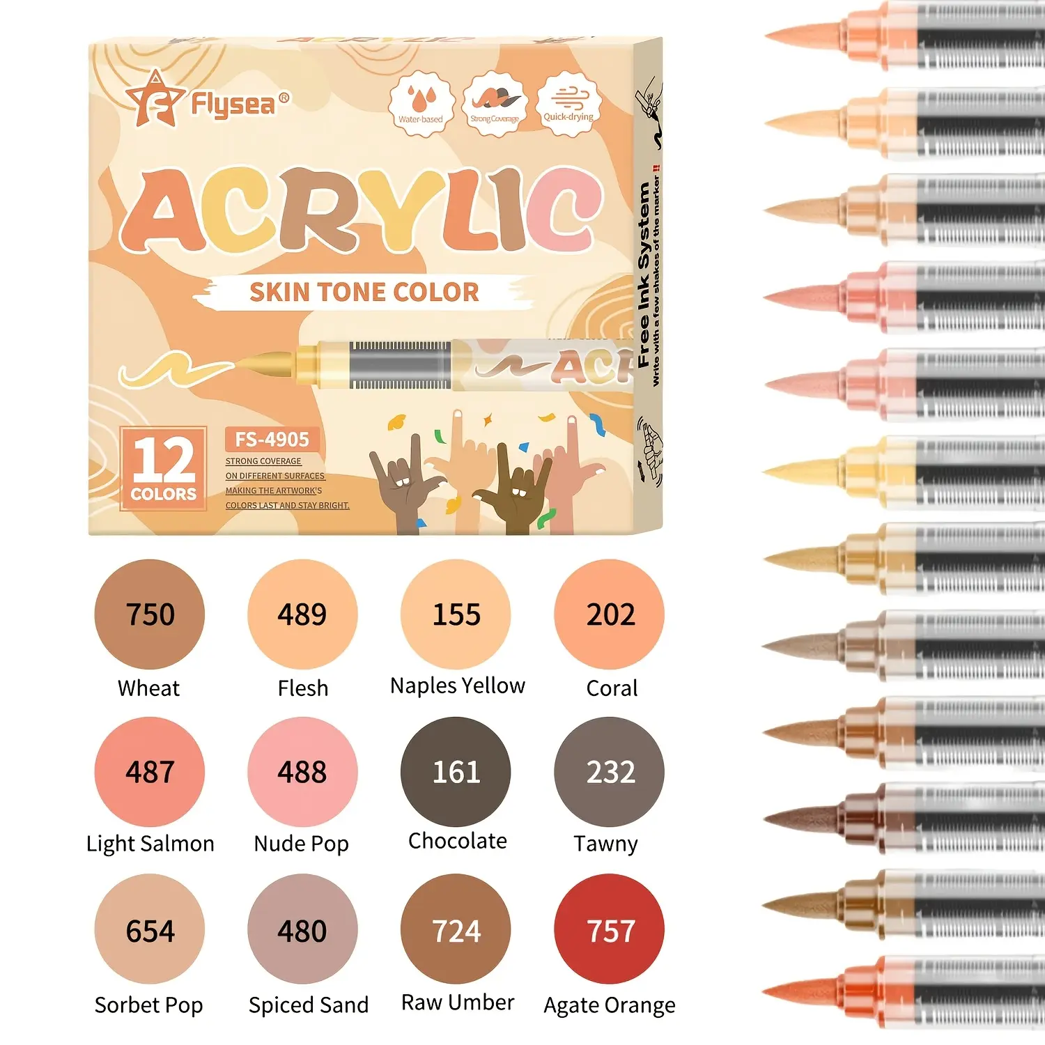 Flysea 12-Color Acrylic Paint Markers Set - Soft Brush & Fine Tips, Complete Skin Tone Series, Acrylic Paint Pens, Assorted Colored Markers & Highlighters, Study Stationery for DIY Crafts, Office Writing