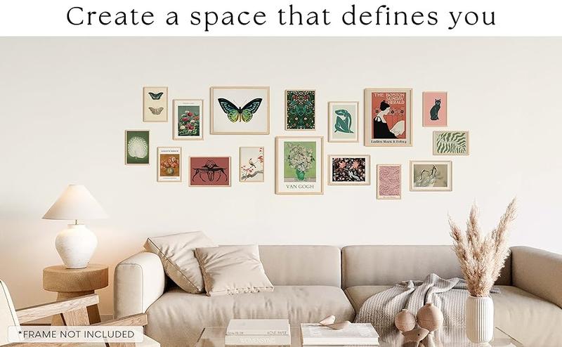 Vintage Eclectic Home Decor - 16 Pcs Boho Gallery Wall Art Prints Set, Cute Dorm Posters For Room Aesthetic Pictures, Earthy Boho Wall Decor For Girl Bedroom Apartment Decoration (Unframed)