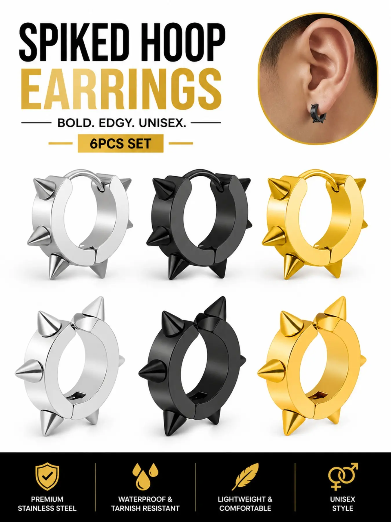 6 PCS Punk Rivet Spike Titanium Steel Earrings, Unisex Stainless Steel Piercing Jewelry, Trendy Accessories for Men and Women