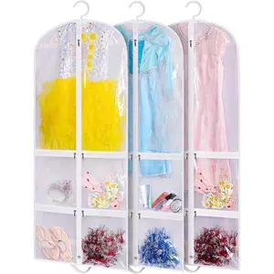 Clear Garment Bag for Kids Dance Costume 50 Inch Hanging Clothes Cover for Closet Storage With 4 Large Zipper Pockets for Ballet, Theatre, Competitions, 3 Packs, White