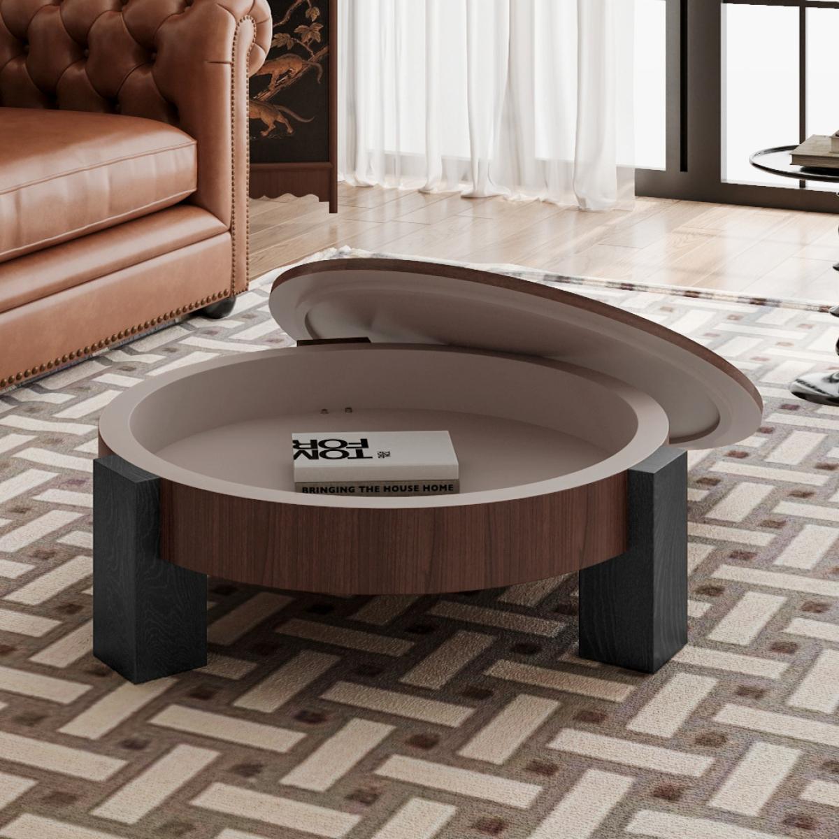 33'' Round Coffee Table with Hidden Storage, Modern Wabi-Sabi Wood Parquet Veneer Top Table, 3 Block Legs Sturdy Center Accent Table for Living Room, Small Space