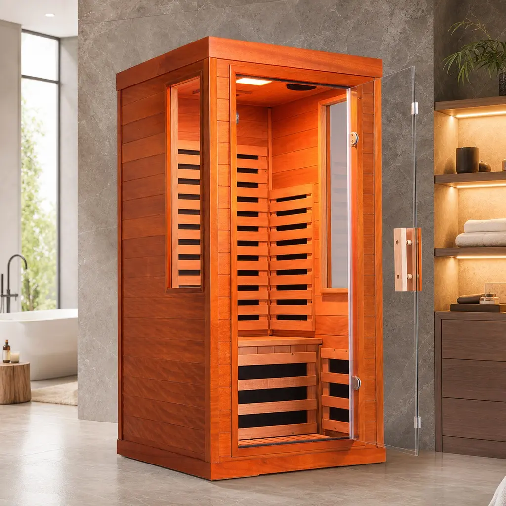 ARCH Infrared Sauna with Red Light Therapy, One Person Far Infrared Sauna, 31.5x31.5x63.3 Inch Solid Wood Sauna Room, Bluetooth Music, 7-Color Therapy Light, Low EMF Carbon Fiber Heating, Home Spa Relaxation, Natural Color Options