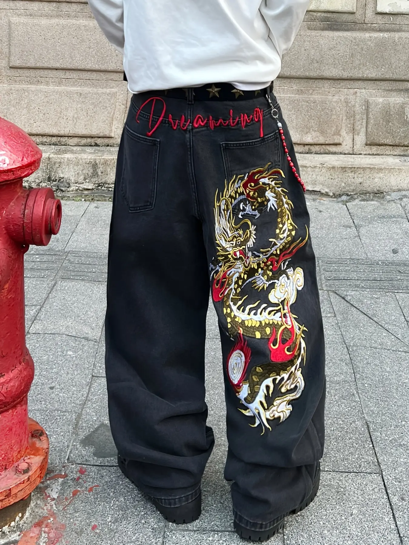 Men's Denim Jeans, Casual Embroidered Jeans, Heavy-Duty Colorful Dragon Pattern Straight Leg Wide Leg Pants, Y2K Street Fashion Loose Long Pants, Halloween Gift