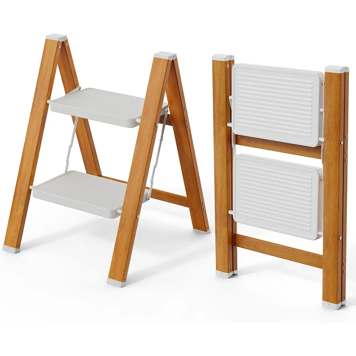 2 Step Ladder,Lightweight Aluminum Folding Step Stool with Anti-Slip Wide Pedal,330lbs Capacity Step Ladder for Household,Kitchen,Office - WhiteWoodgrain
