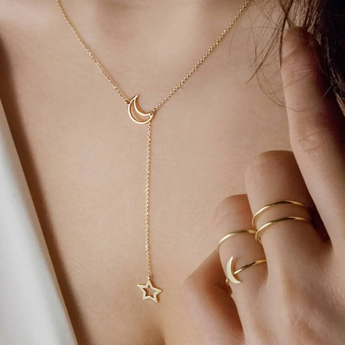 Female Celestial Moon Star Pendant Necklace - Retro Minimalist Double Charm Chain, Dainty Elegant Cosmic Jewelry, Lightweight Daily/Evening Wear, Birthday/Gift for Her Date Night Fashion Accessory, Plastic, Stainless Steel, Steel-Plastic, Trendy Lightweig