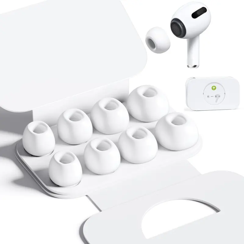 AirPods Pro Earbuds Ear Tips Replacement (1st/2nd/3rd Gen Compatible) - 4 Sizes XS/S/M/L, Silicone, Noise Reduction & Dust Guard Mesh, Soft Comfort Secure Fit - White