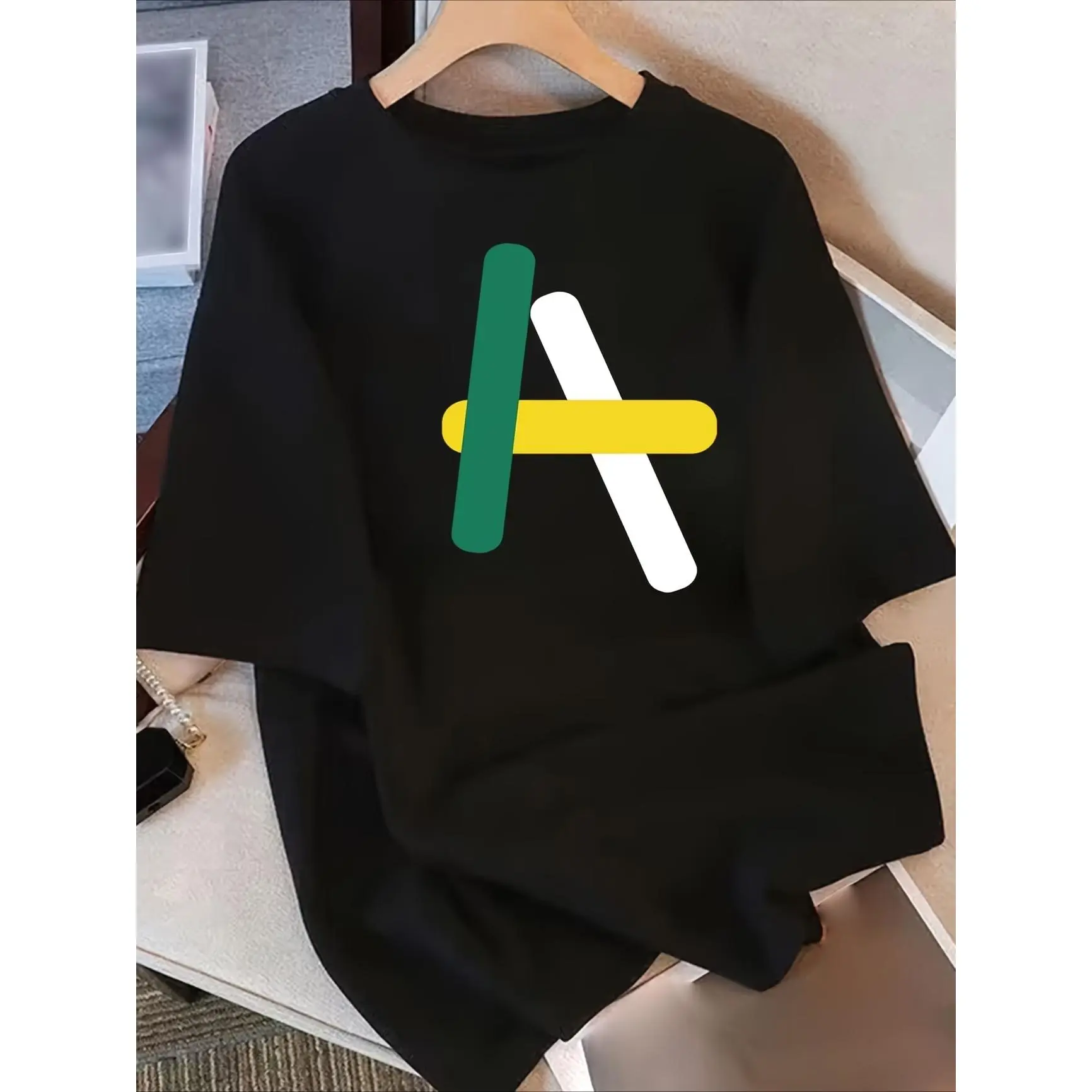 Color Block Geometric Letter A Graphic Oversized Cotton Short Sleeve T‑Shirt, Comfort Fashion Outfit, Cute Minimalist Top, Best Valentine’s Day Gift for Lovers Family Friends, Holiday Perfect Present for Him Her