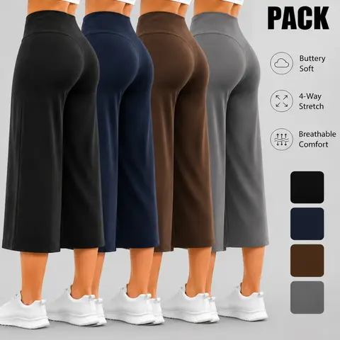 Women's Casual Loose-Fit Wide-Leg Capri Pants, Versatile High Waist Bottoms for All Seasons, Casual Style Solid Color Trousers Knit Trousers