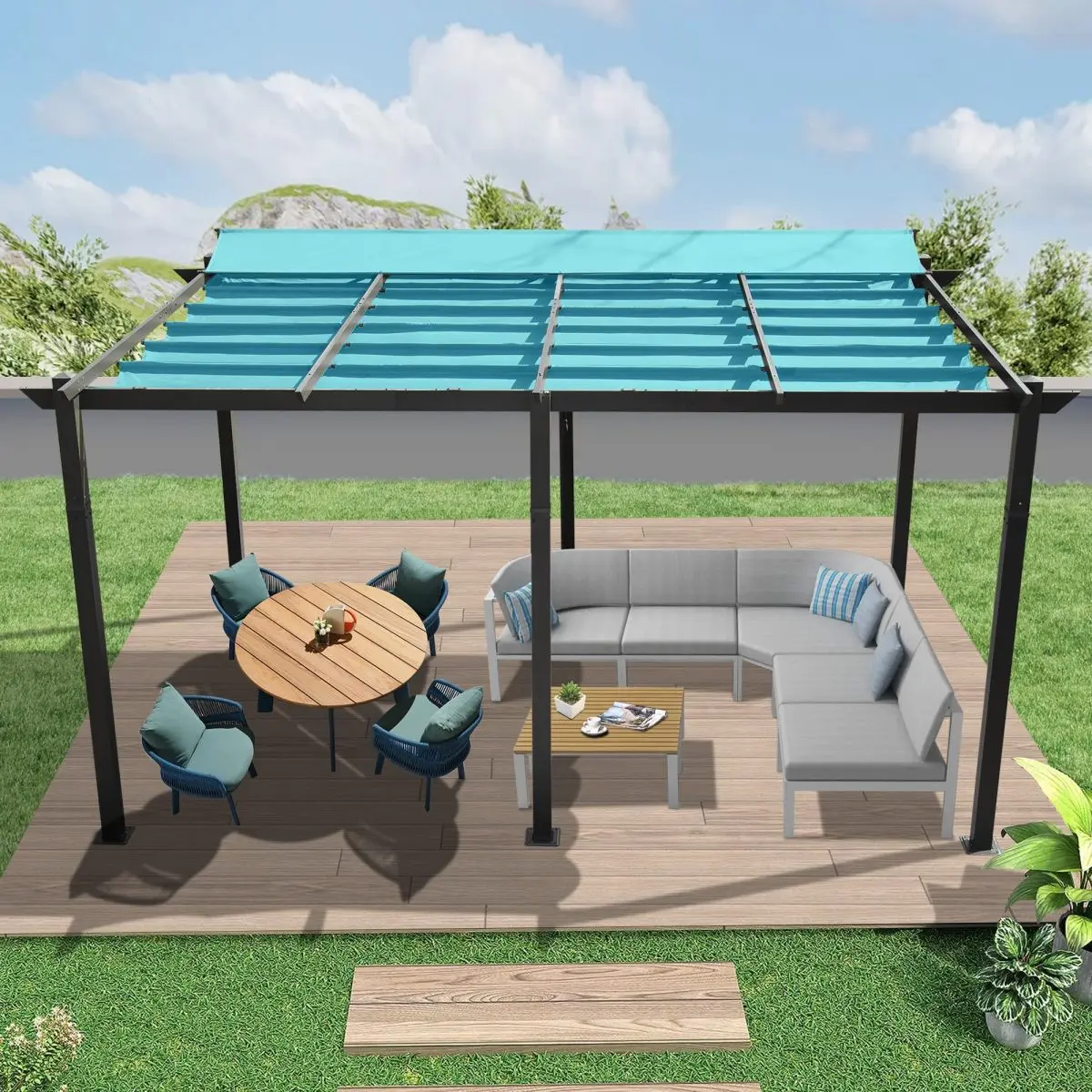 Aobtkel11 X 16 FT Outdoor Living Outdoor Retractable Pergola with Weather-Resistant Canopy Aluminum Garden Pergola Patio Grill Gazebo for Courtyard -Lake Blue On-Site