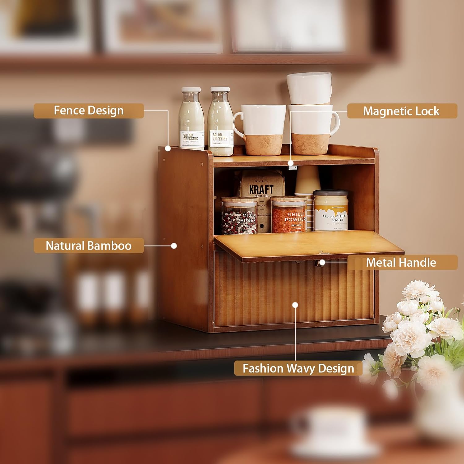 Rustic Bread Box for Kitchen Countertop  Bread Storage Container Bin Double Layer BreadBox Farmhouse Large Capacity  Organizer (Brown)