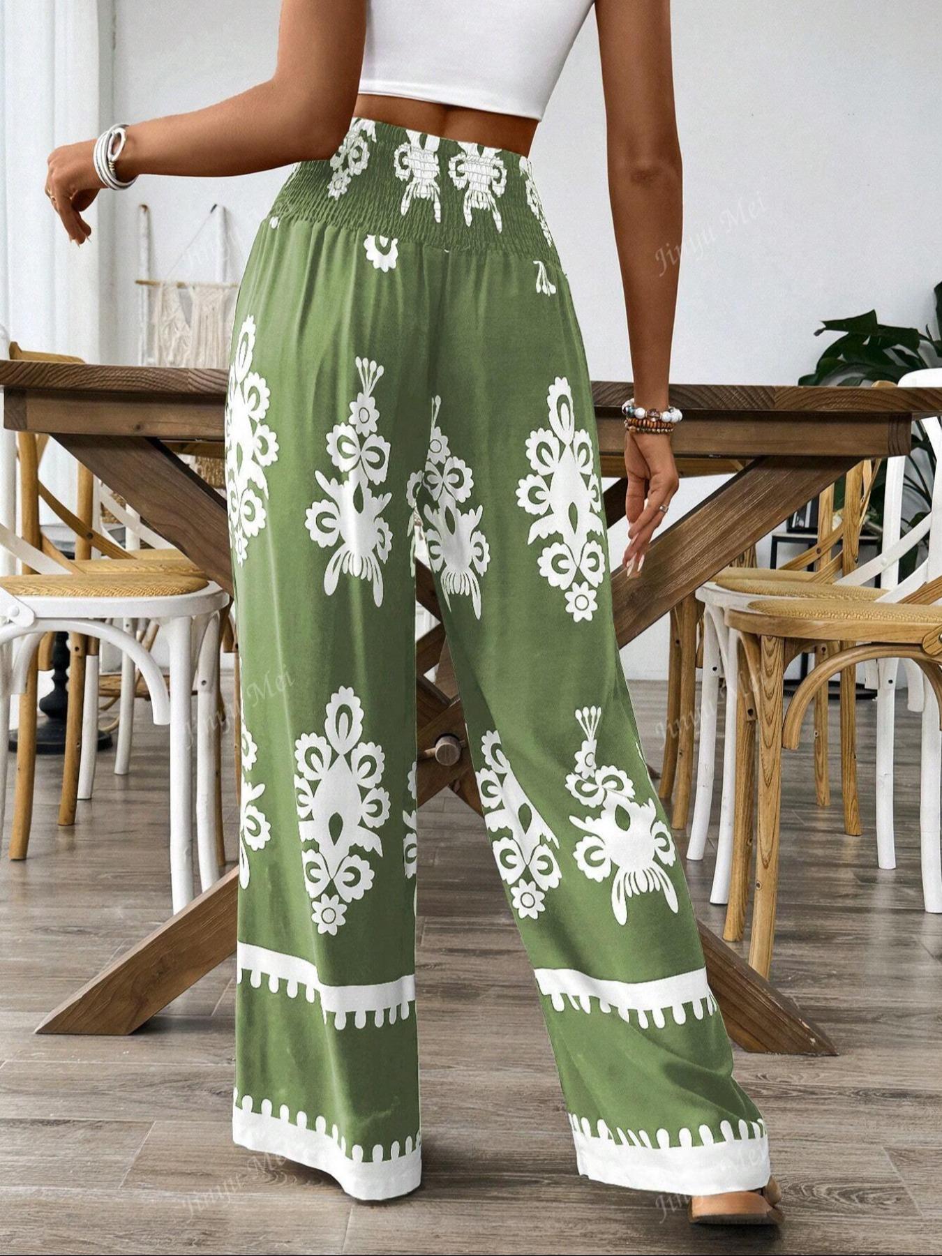 Women's Ethnic Pattern Shirred Tie Front Wide Leg Pants Comfy High Waist Trousers for Daily Holiday Vacation Wear, Ladies Casual Chic Bottoms for All Seasons, Boho Fashion Trousers