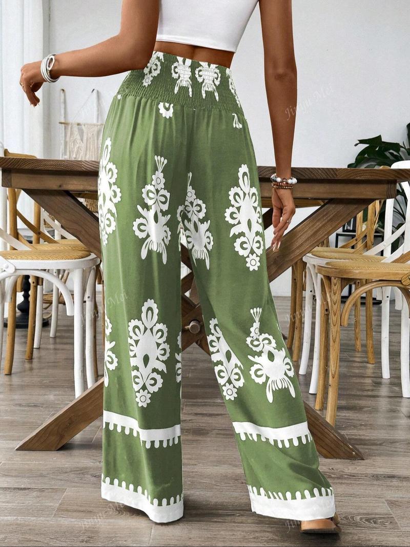 Women's Ethnic Pattern Shirred Tie Front Wide Leg Pants, Boho Style Comfy High Waist Trousers for Daily Holiday Vacation Wear, Ladies Casual Chic Bottoms for All Seasons
