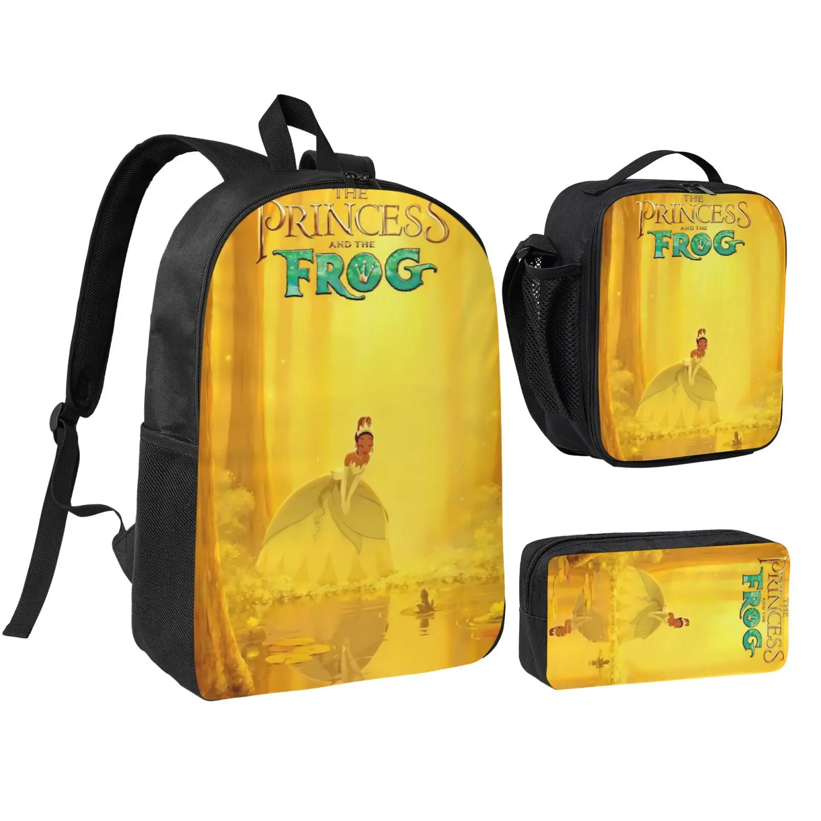 Unisex Princess And The Frog3 3Pcs Backpack for Teen Girls Boys, School Bookbag with Lunchbox Pecil box, Anime backpack with adjustable straps, office travel bag Bookbag