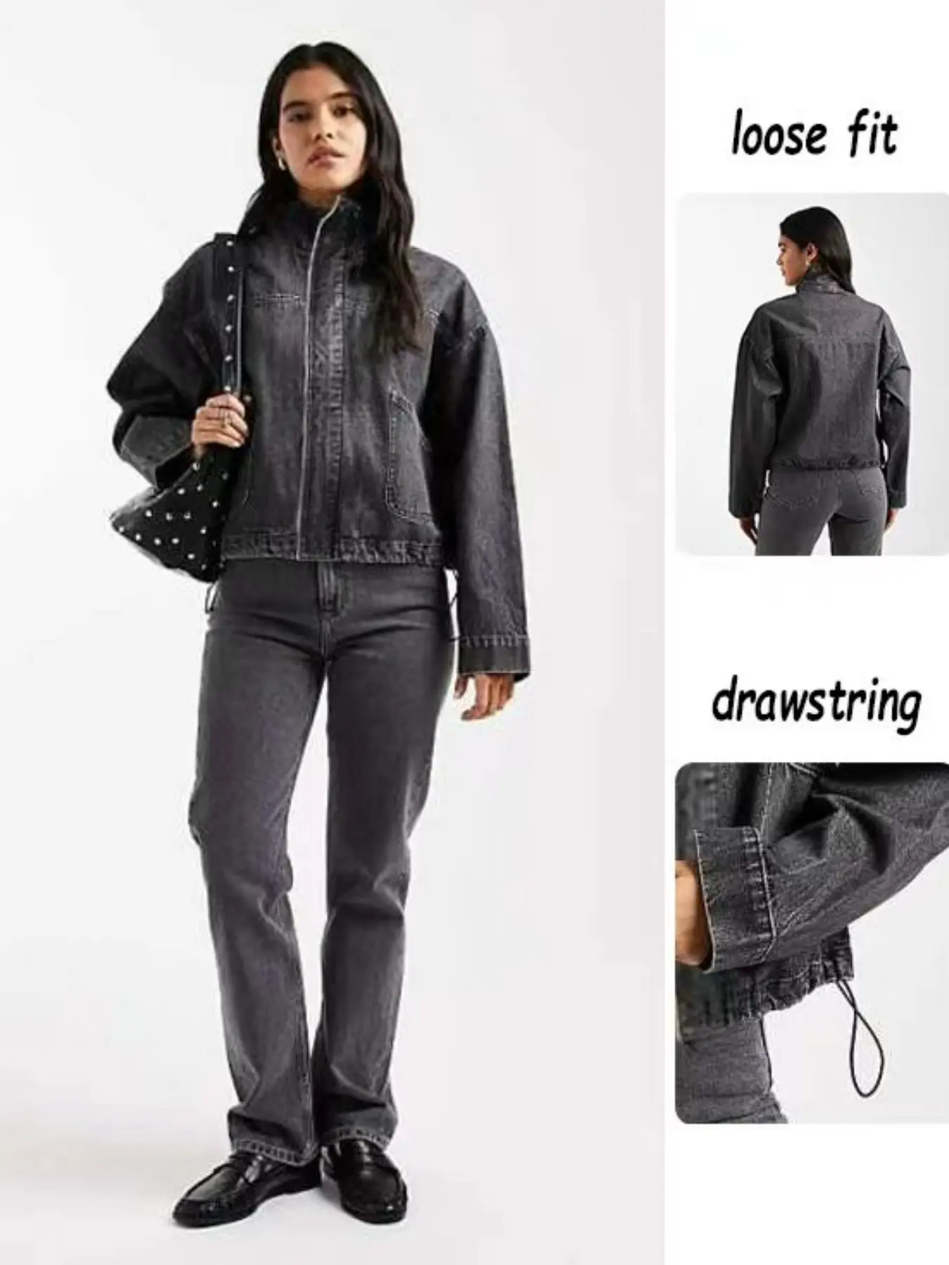 Washed Loose Fit Denim Jacket, Lapel Zipper Design, Large Pocket Details, Shoulder Drop Style, Casual Streetwear, Retro Trendy