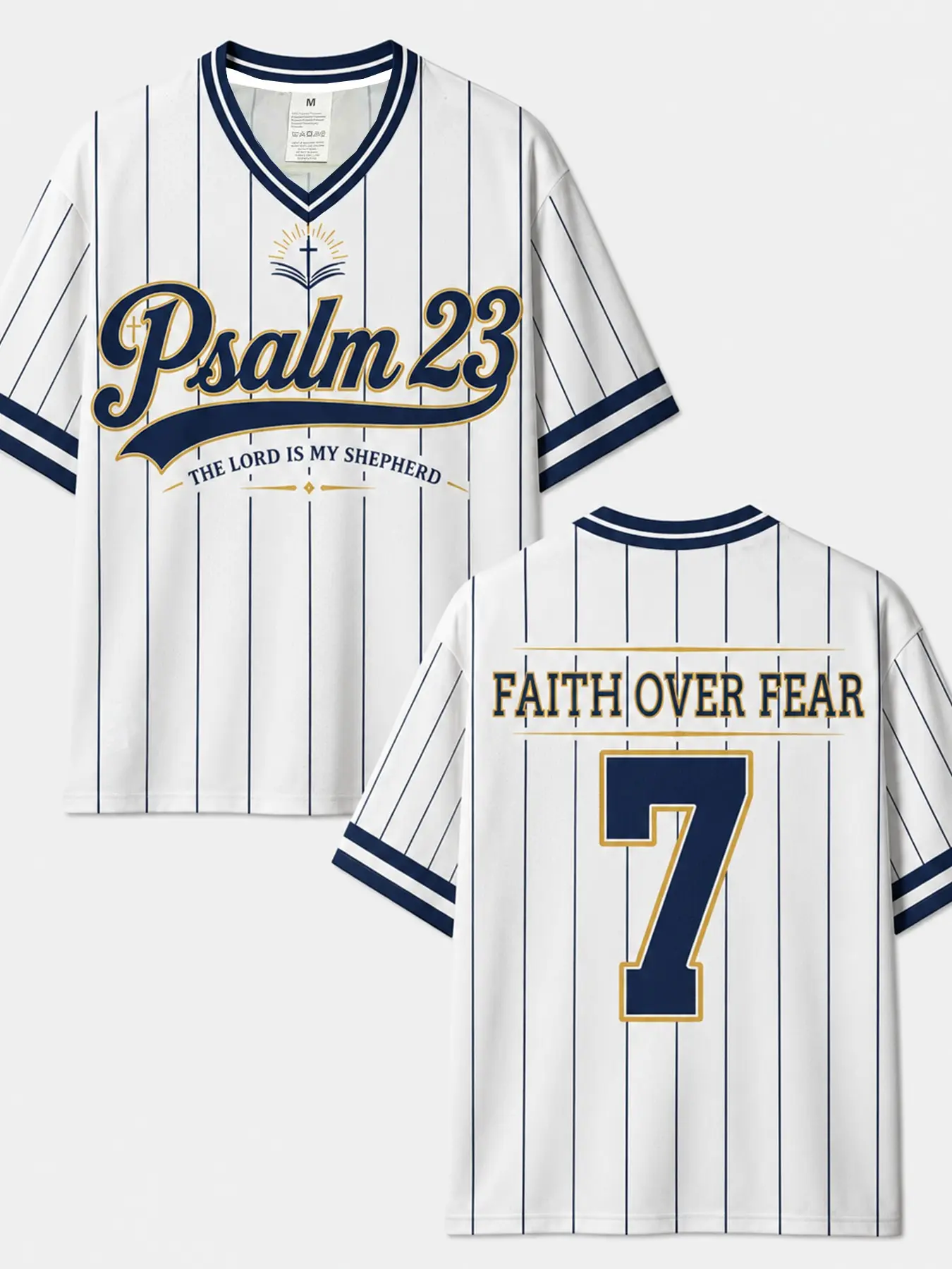 Psalm 23 Faith Over Fear V-Neck Striped Baseball Jersey, The Lord Is My Shepherd Christian Letter Print Tee, Breathable Casual Apparel For Men Women Youth, Vintage Faith Sports Jersey For Christian Believer Style Enthusiast