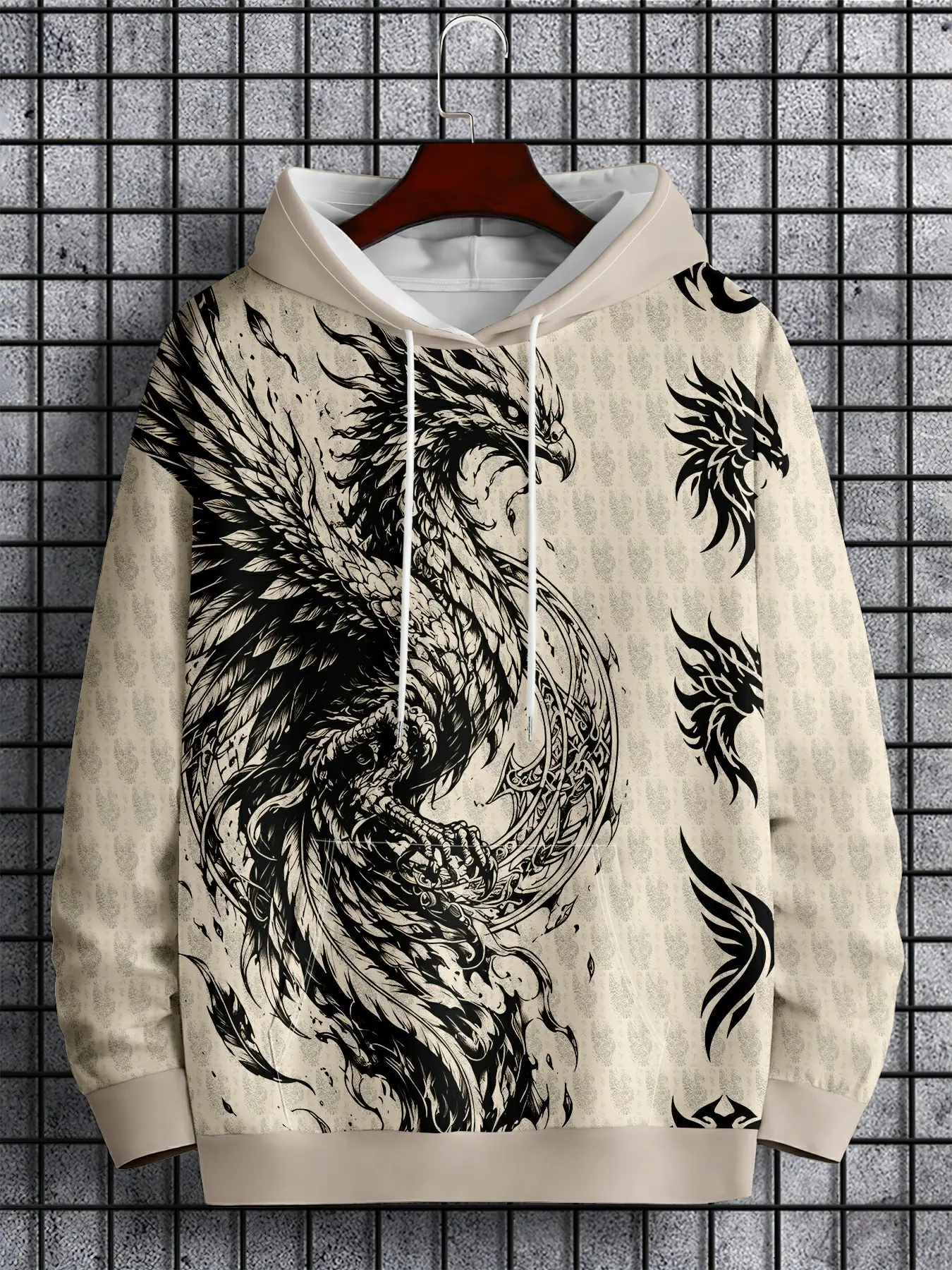 Men's Hooded Drop Shoulder Sweatshirt, Celtic Myth Phoenix Print, High Street Retro Casual Top, Fall & Winter Fashion