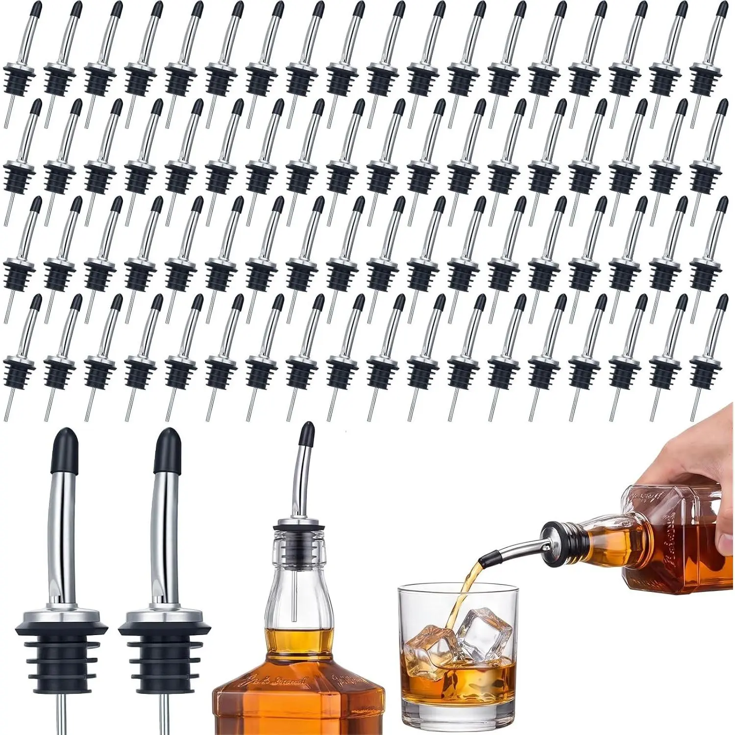 72 Pcs Liquor Spout Stainless Steel Bottle Pourers Tapered Liquor Pourers with Rubber Dust Caps Tapered Spouts Set Bar Supplies Vinegar Bottle Dispenser Wine Spout for Alcohol Olive Oil