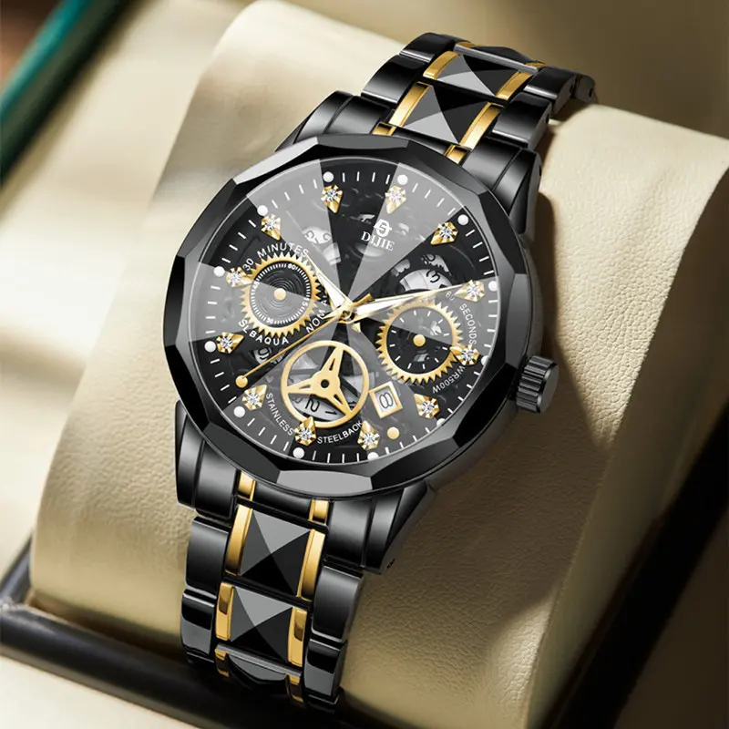 Trendy and stylish men's watch, multifunctional calendar, business men's watch, quartz luminous casual hollow-out men's wristwatch