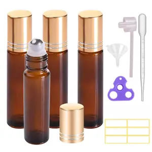 The Brand New 4 Pack, 10 ml Essential Oil Roller Dispenser Bottle with Stainless Steel Roller Ball - Refillable Design Leak-proof Empty Thick Amber Glass Roll on Bottles with Metal Caps for Travel, Perfume, Makeup Bottles