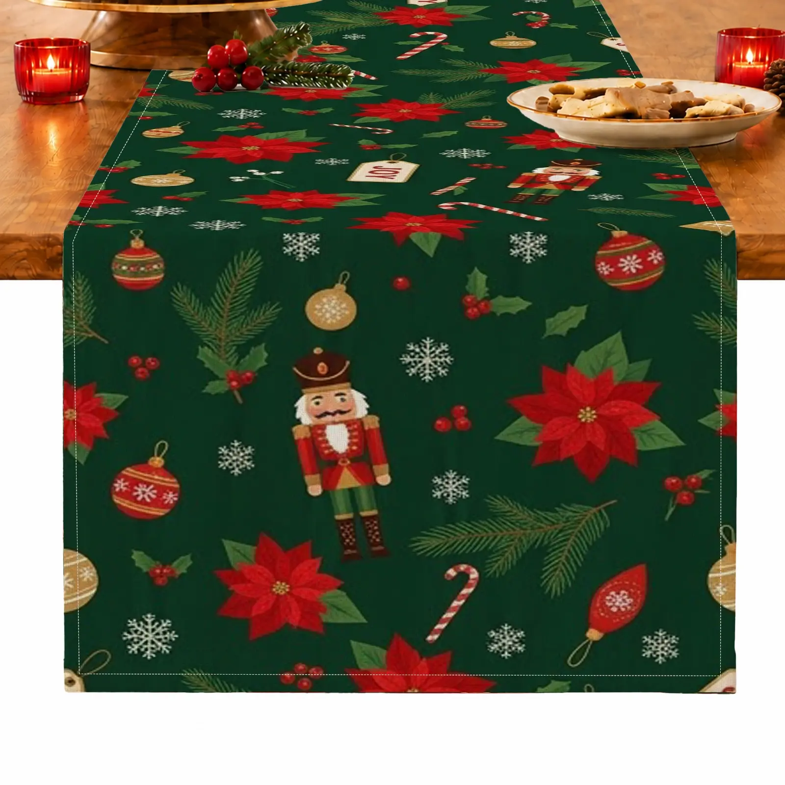 1pc Nutcracker Poinsettia Snowflake & Candy Cane Table Runner, Vintage Christmas Style, for Dining Table, Kitchen, Christmas Dinner & Holiday Gathering, Christmas Table Decoration and Festive Home Decor