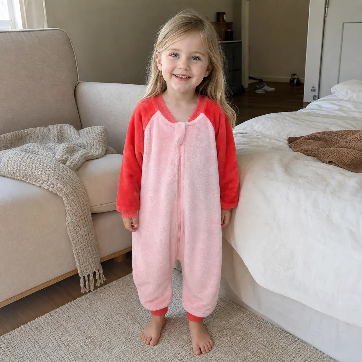 Kids Cozy One-Piece Pajamas for Toddler Girls, Cute Colorblock Zip-Up Baby Sleepsuit, Warm Winter Loungewear for Home, Nap Time, Holiday Gift