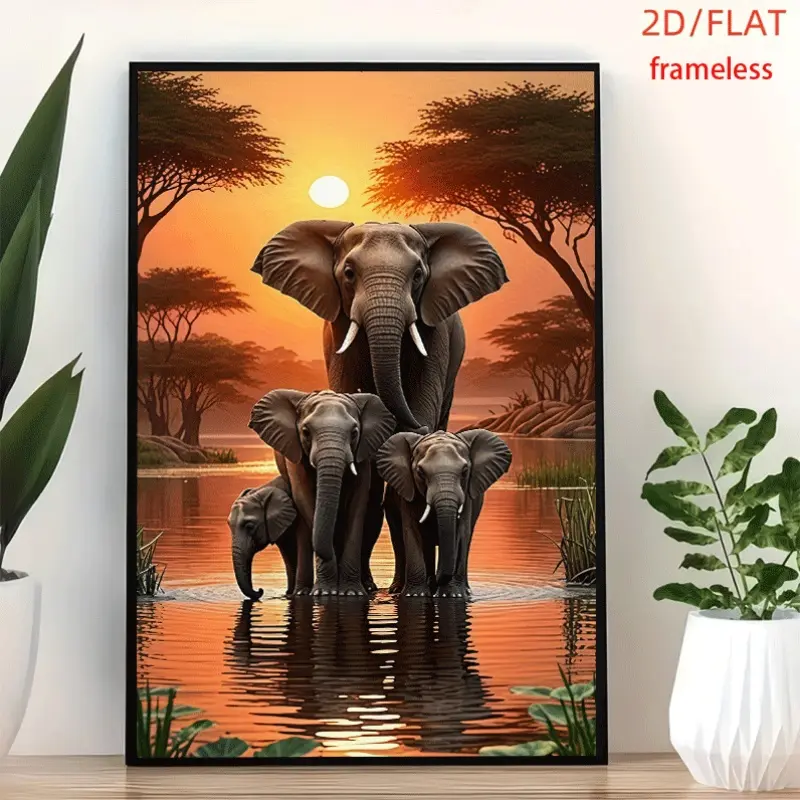 frameless Elephant Family At Dusk Art Decor Print Poster, Wall Art for Living Room, Bedroom, Office, Dining Room & Bar, Perfect Gift & Home Decor, 12in x 16in