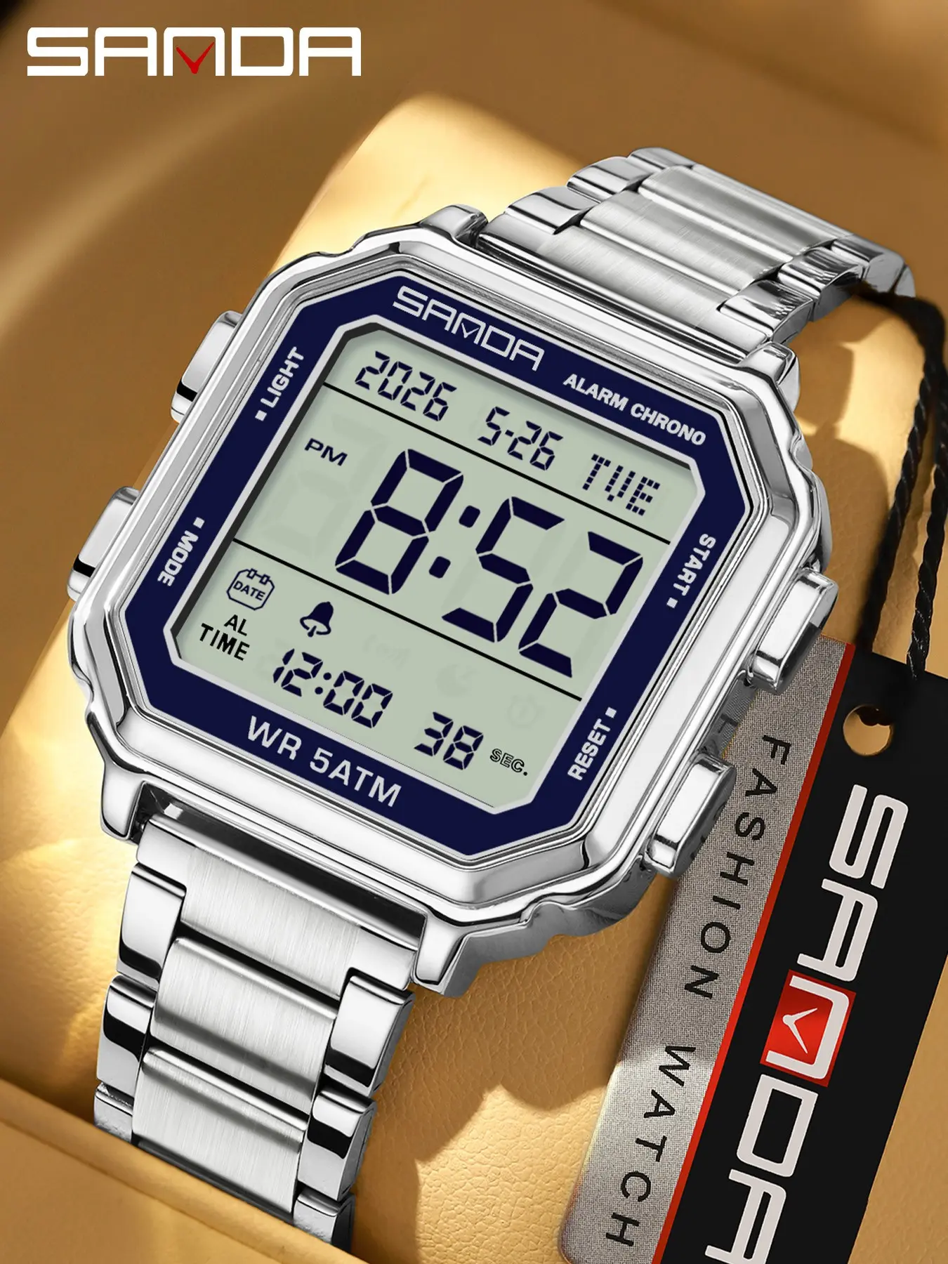 Sanda Men's Multifunctional Square Electronic Watch, Waterproof Dual Time Zone, Stainless Steel Band, Wholesale Available